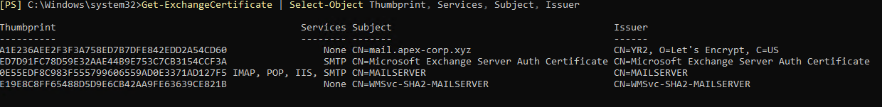 PowerShell displaying certificates list with Let's Encrypt issuer and IIS and SMTP services assigned